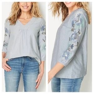 J. Jill pin striped V-neck Blouse Embroidered Floral 3/4 Sleeve Size L